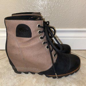Sorel PDX Brown Black Canvas Leather Wedge Booties Womens Size 8.5